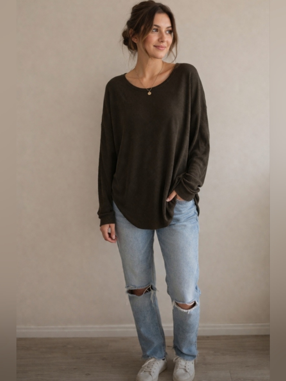 Love in Olive Green Long Sleeve Waffle Knit High Low Top Medium